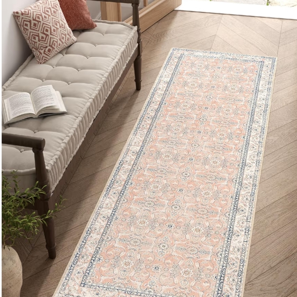 Washable 3x8' Runner Rug in Pink and Blue